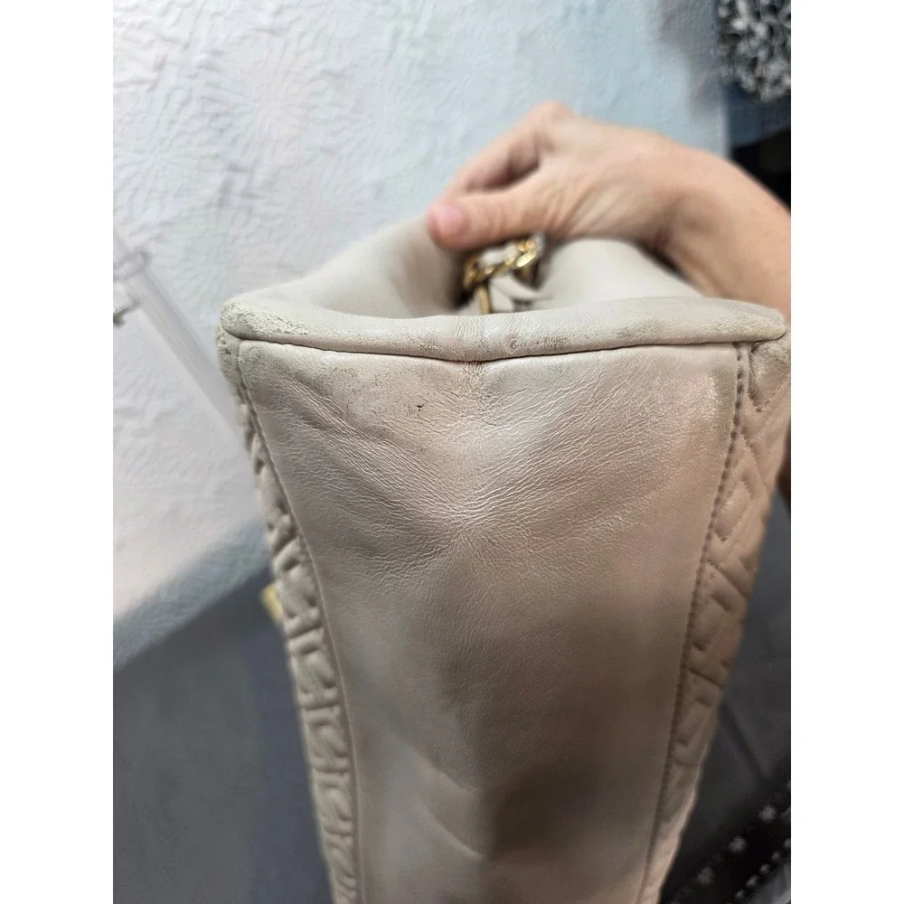 Tory Burch Fleming Tote Large Beige Good Quilted Leather Chain Shoulder Bag